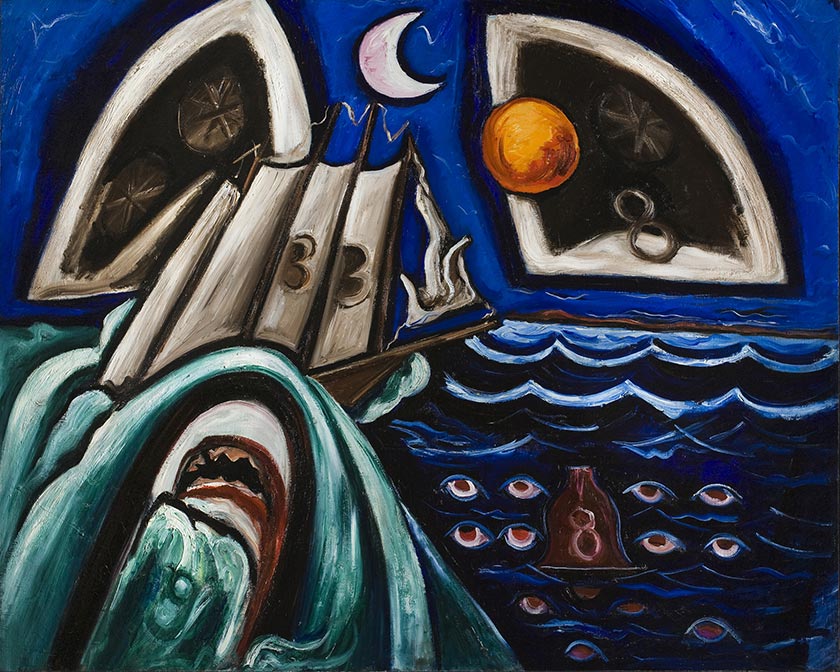 Marsden Hartley, "Eight Bells Folly: Memorial to Hart Crane, 1933. Oil on canvas, 30 5/8 X 39 3/8 inches. Collection of Frederick R. Weisman Art Museum at the University of Minnesota, Minneapolis. Gift of lone and Hudson D. Walker. 1961.4.