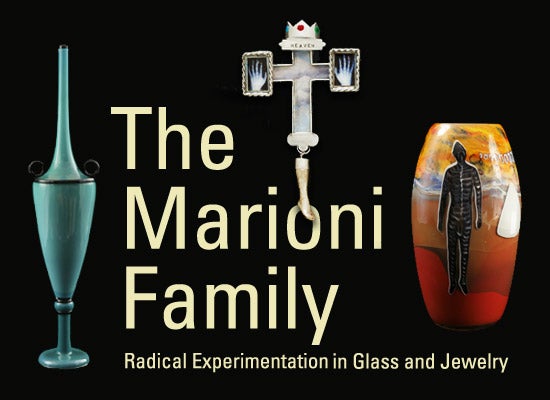 Left to right: Dante Marioni, Needle Vase, 1995. Blown glass, Overall: 30 x 7 inches. Courtesy of the artist. Marina Marioni, Heaven Is There (Suite of ring, earrings, pendant, and brooch), 2006. Sterling silver, clear and colored resin, decals, porcelain, silver leaf. Courtesy of Marina Marioni. Paul Marioni, The Visitor, 1984. Blown glass, Overall: 12 x 6 inches approximately. Courtesy of the artist.