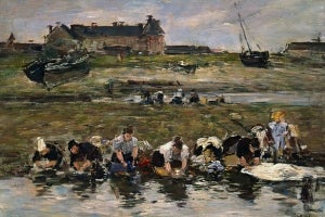 Eugí¨ne Louis Boudin, Washerwomen at Trouville, 1885. Oil on panel, 9 x 12  ¾ inches. Tacoma Art Museum, Gift of Mr. and Mrs. W. Hilding Lindberg