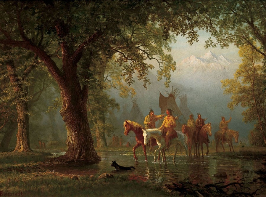 Painting of group of Native Americans on horseback in a swampy forest.
