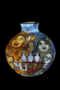 Cappy Thompson, I Receive a Great Blessing from the Sun and the Moon: I Will Be an Artist and Walk the Path of Beauty, 1995. Blown glass and fired enamels,17 í— 14 1/2 í— 14 1/2 in. Tacoma Art Museum, Gift of Anne Gould Hauberg, 2013.12.15. Photo by Doug Yaple.