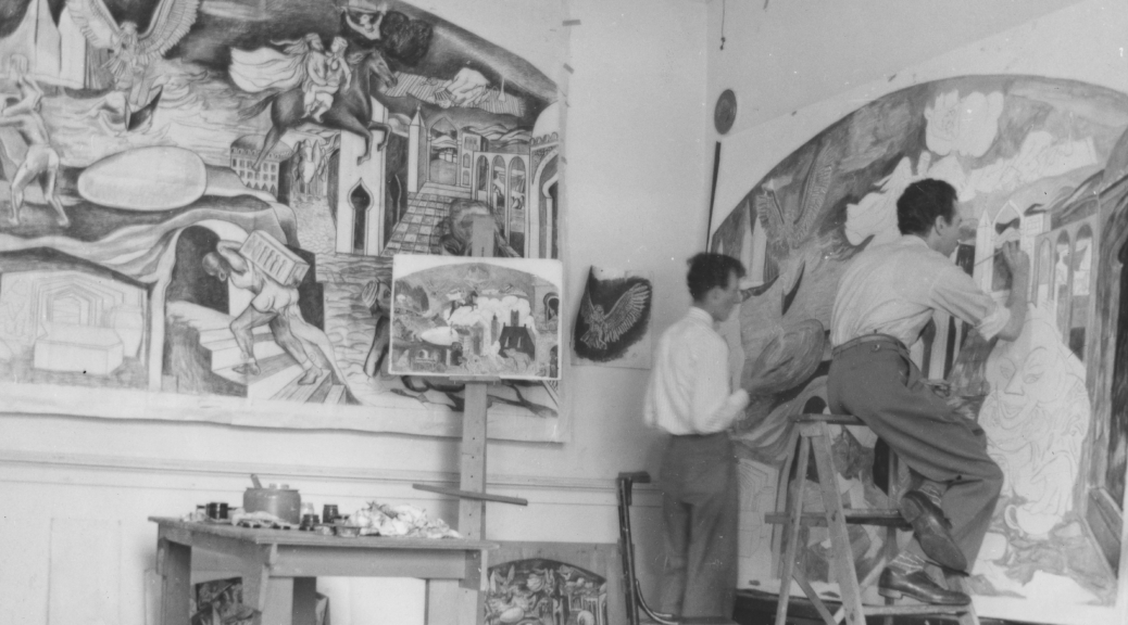 Artists Louis Bunce and Clifford Gleason painting an Alice in Wonderland mural for Bush Elementary School in Salem, Oregon.