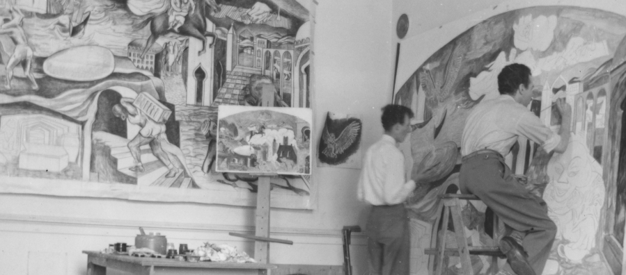 Artists Louis Bunce and Clifford Gleason painting an Alice in Wonderland mural for Bush Elementary School in Salem, Oregon.