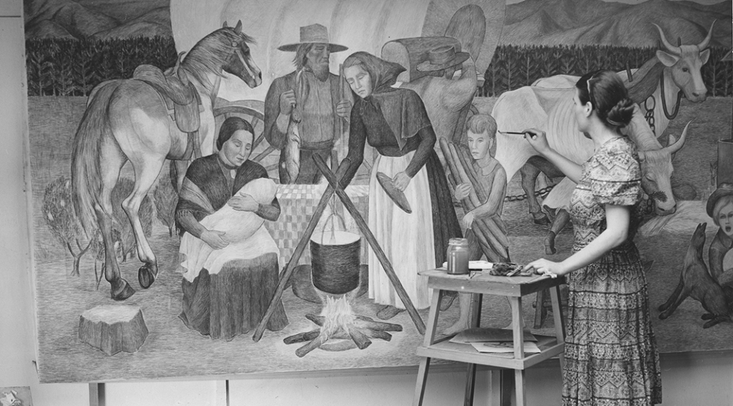 Martina Gangle in the Oregon Art Project studio in downtown Portland, working on one panel of the mural Early Oregon History for the Senior High School in Pendleton, Oregon, 1939-40.