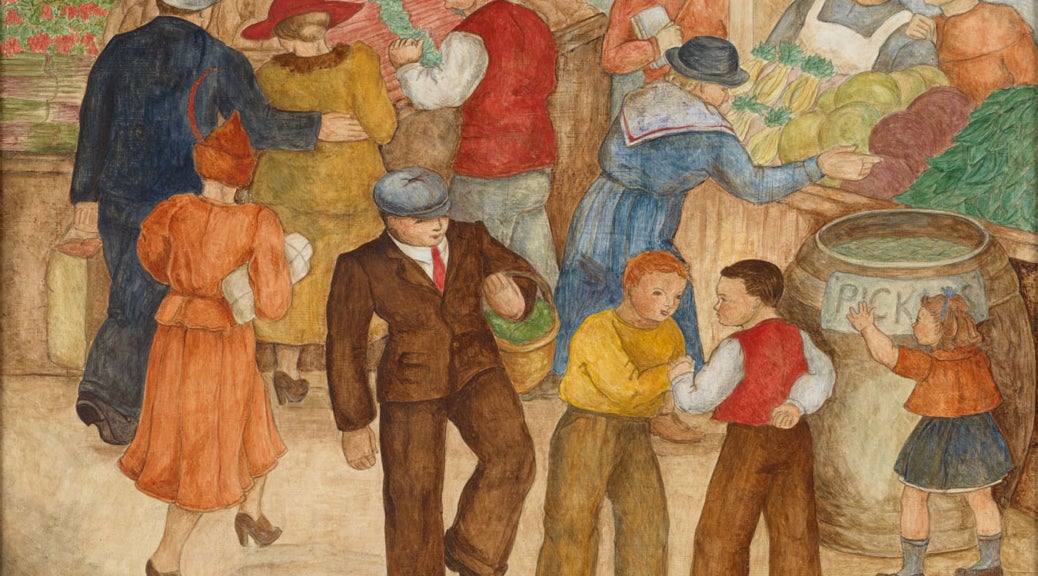 Artwork by Virginia Darcé that depicts a crowded market scene with adults purchasing goods and children playing in the foreground.