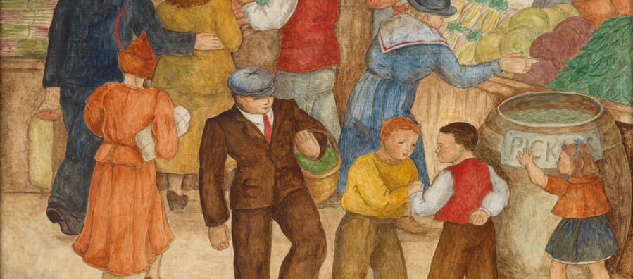 Artwork by Virginia Darcé that depicts a crowded market scene with adults purchasing goods and children playing in the foreground.