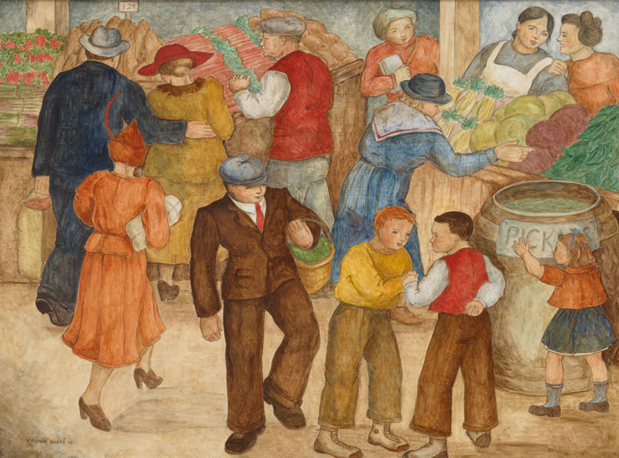 Artwork by Virginia Darcé that depicts a crowded market scene with adults purchasing goods and children playing in the foreground.