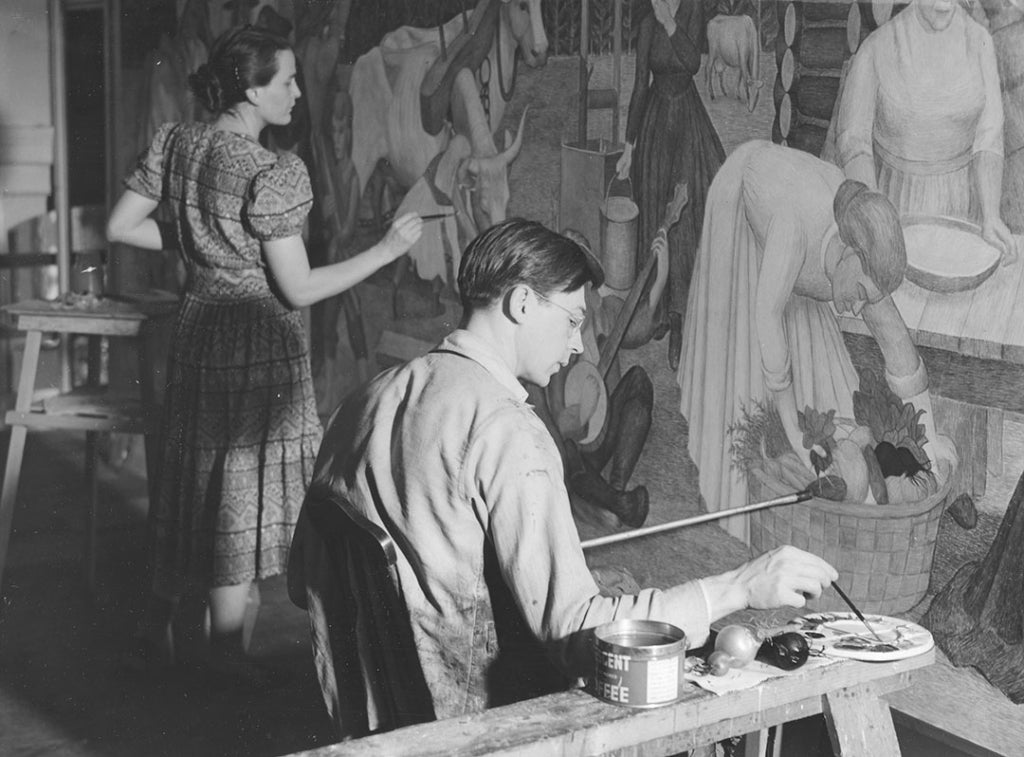 Martina Gangle and Arthur Runquist working on a mural for Pendleton High School at the Oregon Art Project Studio in Portland