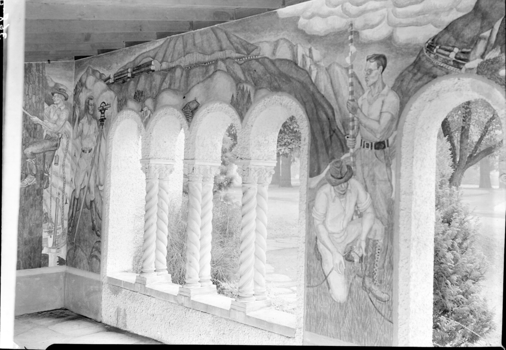 Detail of the mural Pioneer Element in History of Oregon, 1937 by Phillip Halley Johnson for the front portico of Lawrence Hall, University of Oregon. 