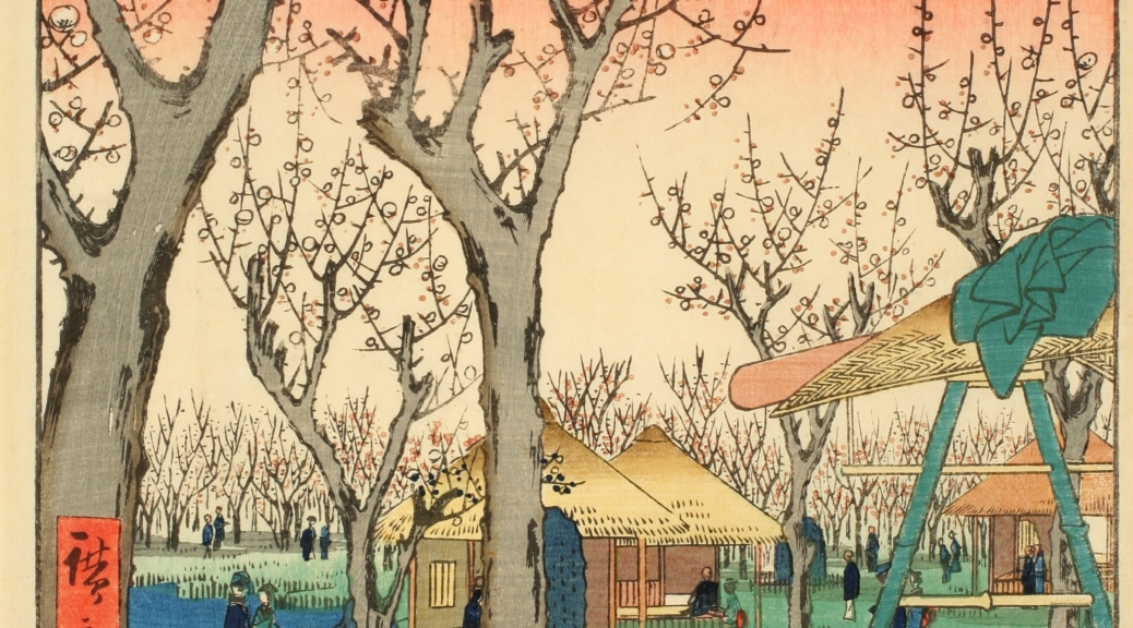 Japanese woodblock print depicting a forest of trees without leaves.