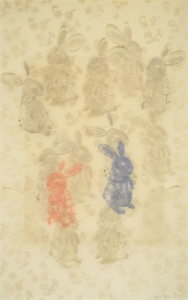 Light background with shadows of rabbits and flowers. One red and one blue rabbit in lower half, some rabbits in top section with textured ears.