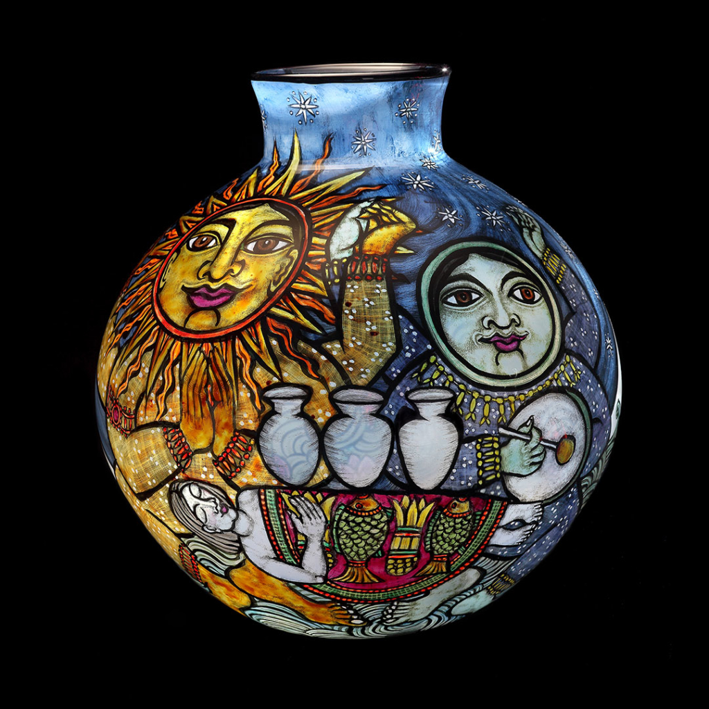 Blown glass vase with reverse painted enamels with figures representing the sun and the moon.