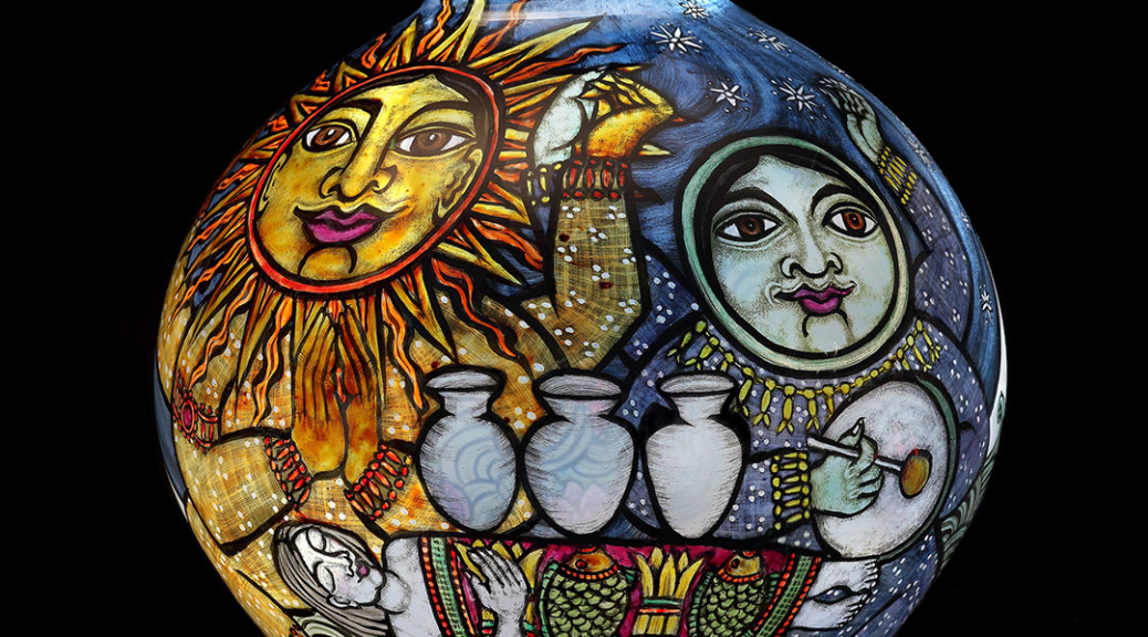 Blown glass vase with reverse painted enamels with figures representing the sun and the moon.