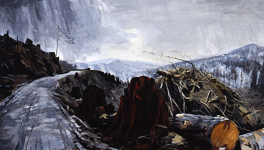 Painting of a winter scene in the mountains. Scene of a dirt (logging) road extending through a clearcut wooded area.