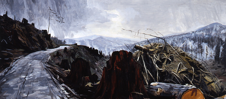 Painting of a winter scene in the mountains. Scene of a dirt (logging) road extending through a clearcut wooded area.