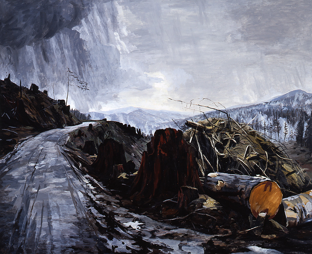 Painting of a winter scene in the mountains. Scene of a dirt (logging) road extending through a clearcut wooded area.