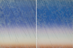 Diptych of two large prints with some on-surface painting. Mottled blue color transforming to pink, blue, yellow, orange underneath a series of diagonal lines in white, lavender, blue, yellow, and orange which indicate rain.