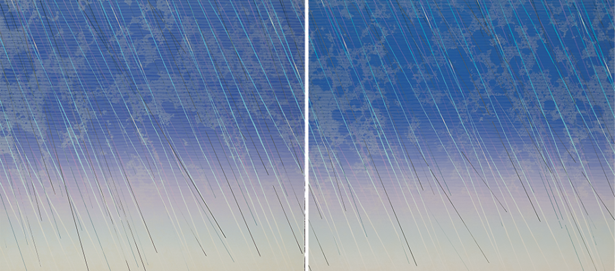 Diptych of two large prints with some on-surface painting. Mottled blue color transforming to pink, blue, yellow, orange underneath a series of diagonal lines in white, lavender, blue, yellow, and orange which indicate rain.