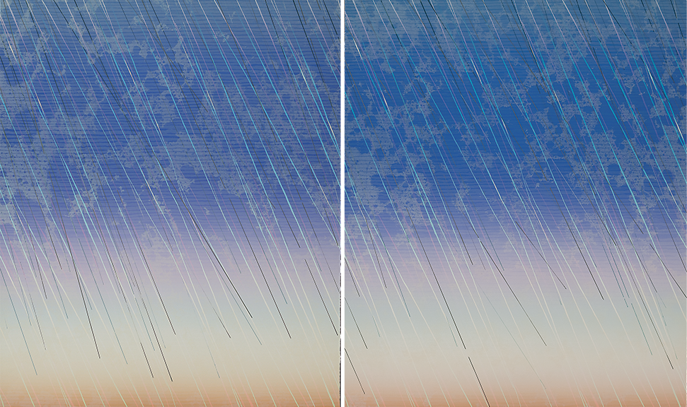 Diptych of two large prints with some on-surface painting. Mottled blue color transforming to pink, blue, yellow, orange underneath a series of diagonal lines in white, lavender, blue, yellow, and orange which indicate rain.