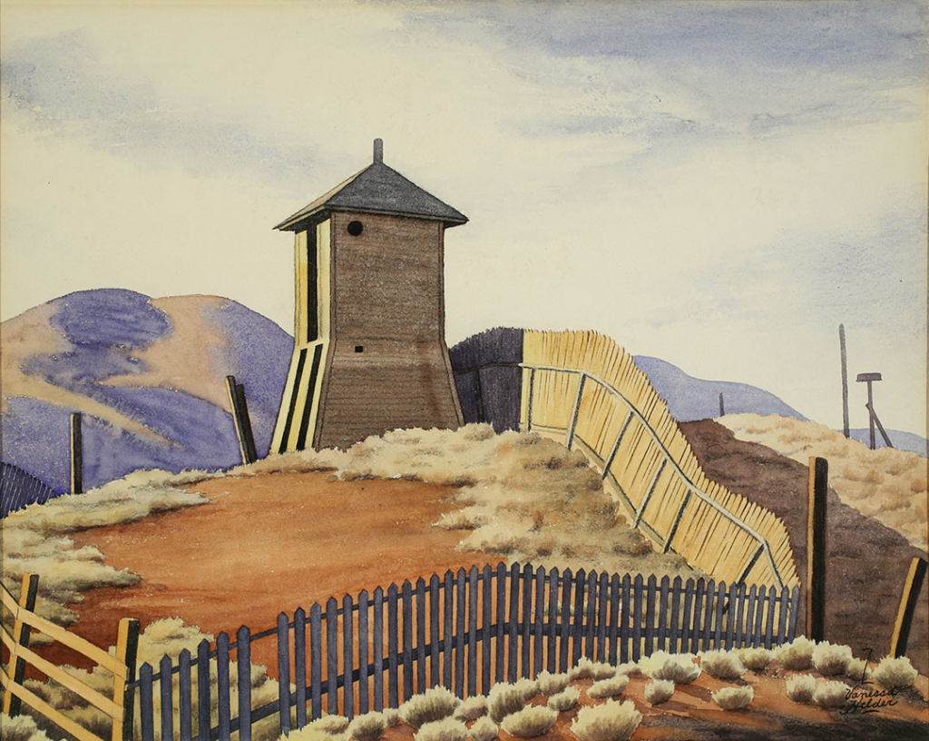 Watercolor of a water tower on rolling hills in eastern Washington. A fence runs across the front of the picture and up the hill past the water tower. The ground is fairly bare except for patches of sagebrush and dry grass.