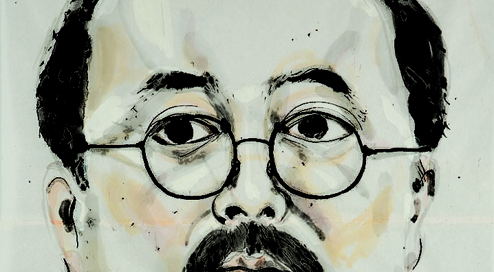 Large-scale portrait, head and neck only. Subject is artist, black hair, glasses, mustache