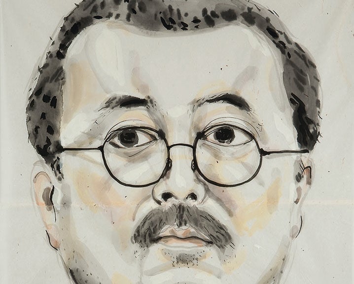 Large-scale portrait, head and neck only. Subject is artist, black hair, glasses, mustache