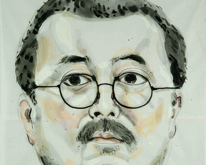 Large-scale portrait, head and neck only. Subject is artist, black hair, glasses, mustache