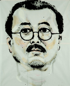 Large-scale portrait, head and neck only. Subject is artist, black hair, glasses, mustache