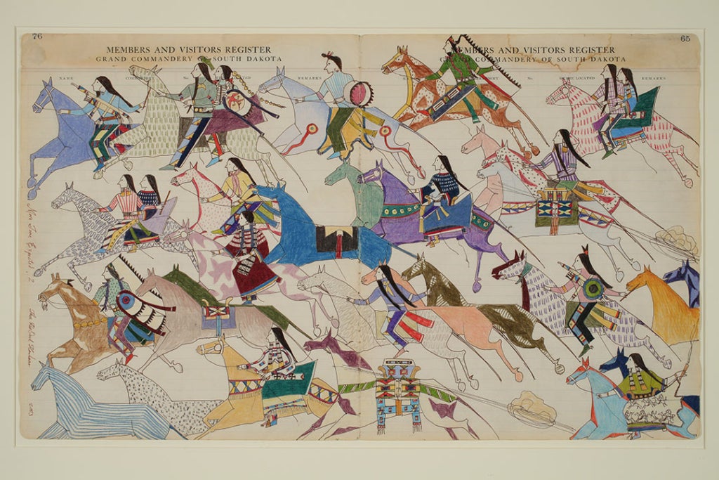 A ledger-style image of a group of Native Americans on horseback riding from right to left across the image. The image is stylized so the figures are flattened.