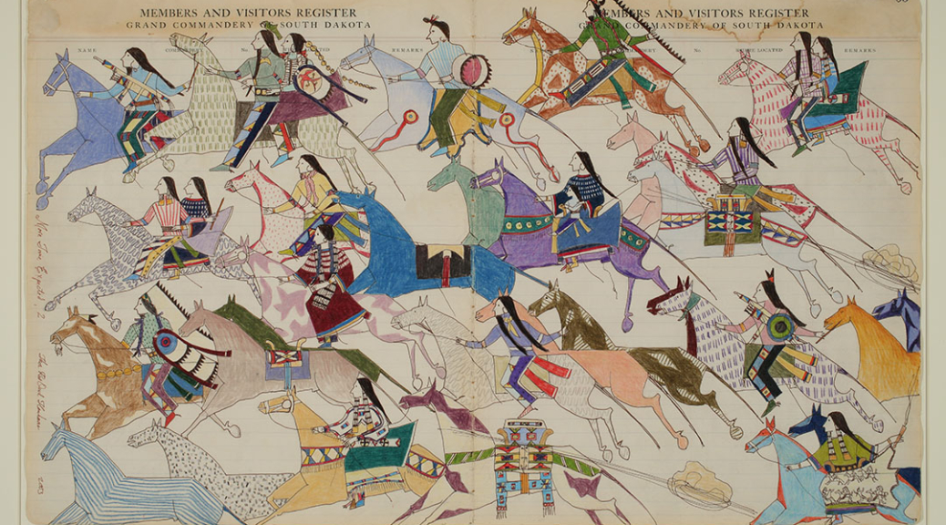 A ledger-style image of a group of Native Americans on horseback riding from right to left across the image. The image is stylized so the figures are flattened.