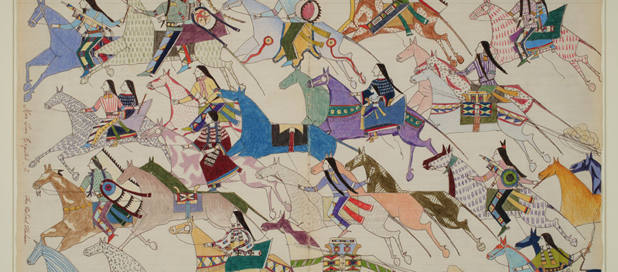 A ledger-style image of a group of Native Americans on horseback riding from right to left across the image. The image is stylized so the figures are flattened.