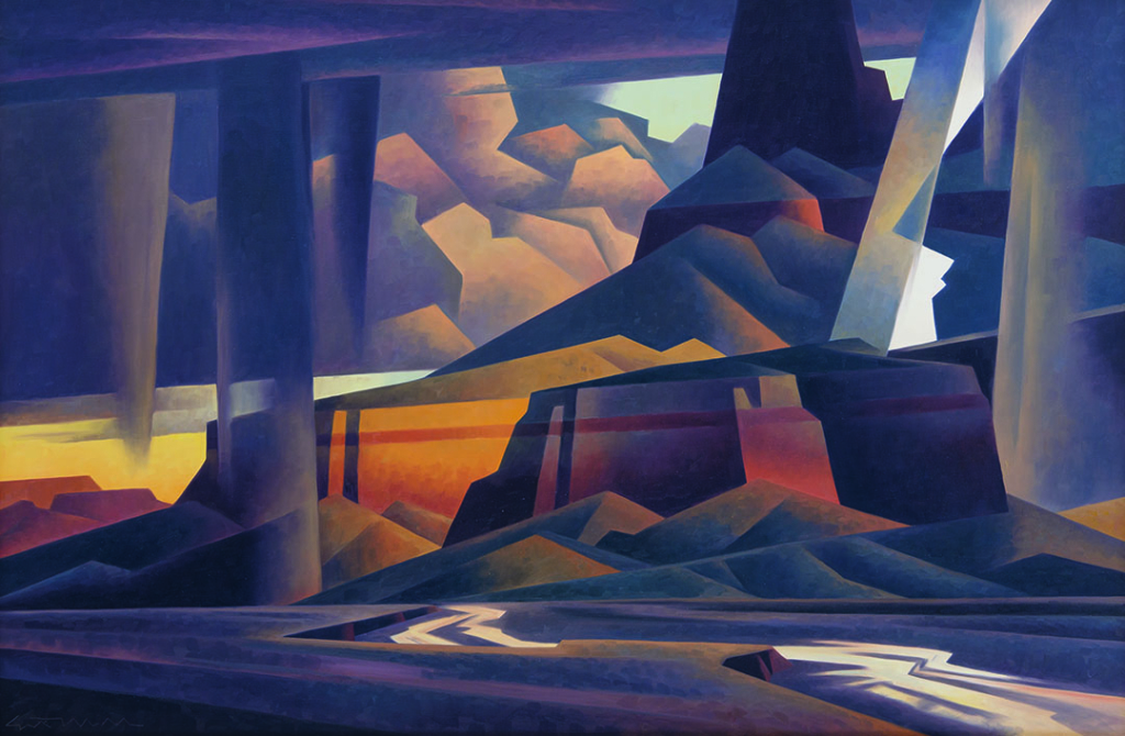 Stylized image of a thunderstorm in the desert. All elements of the picture are somewhat cubist and broken into planes.