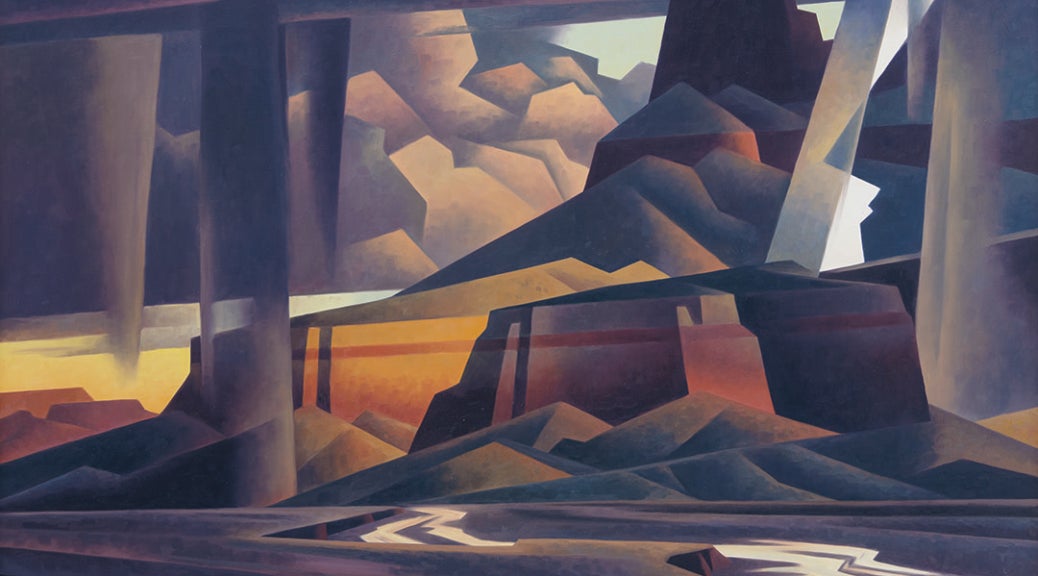 Stylized image of a thunderstorm in the desert. All elements of the picture are somewhat cubist and broken into planes.