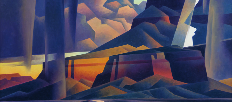 Stylized image of a thunderstorm in the desert. All elements of the picture are somewhat cubist and broken into planes.