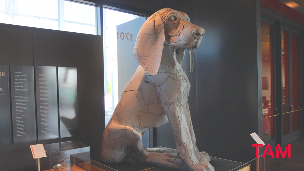 Large sculpture of Leroy, the Big Pup, installed in the lobby of Tacoma Art Museum