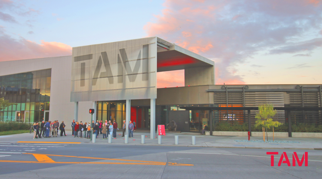 Exterior view of Tacoma Art Museum at dusk from Pacific Avenue