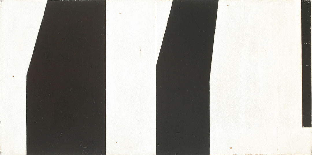 Painting of an array of abstract shapes painted in black and white