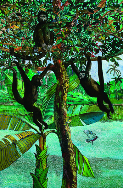 A painted jungle scene depicting a river, three monkeys, and a bird