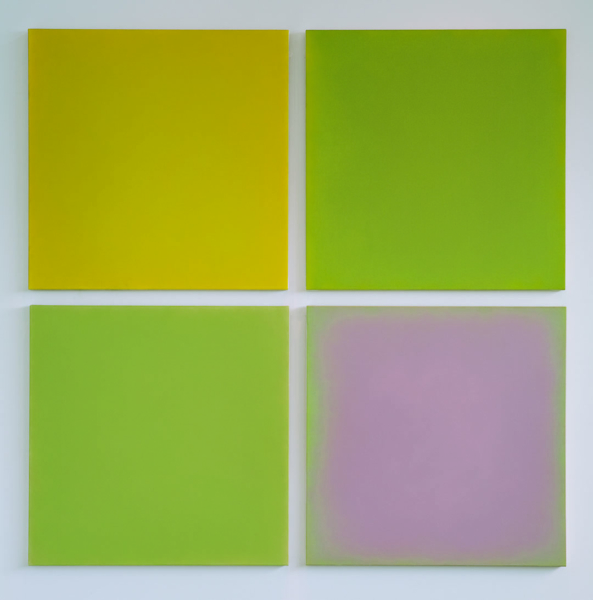 Series of four painted canvases in different shades of green