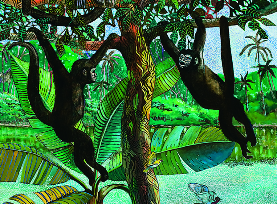 A painted jungle scene depicting a river, three monkeys, and a bird