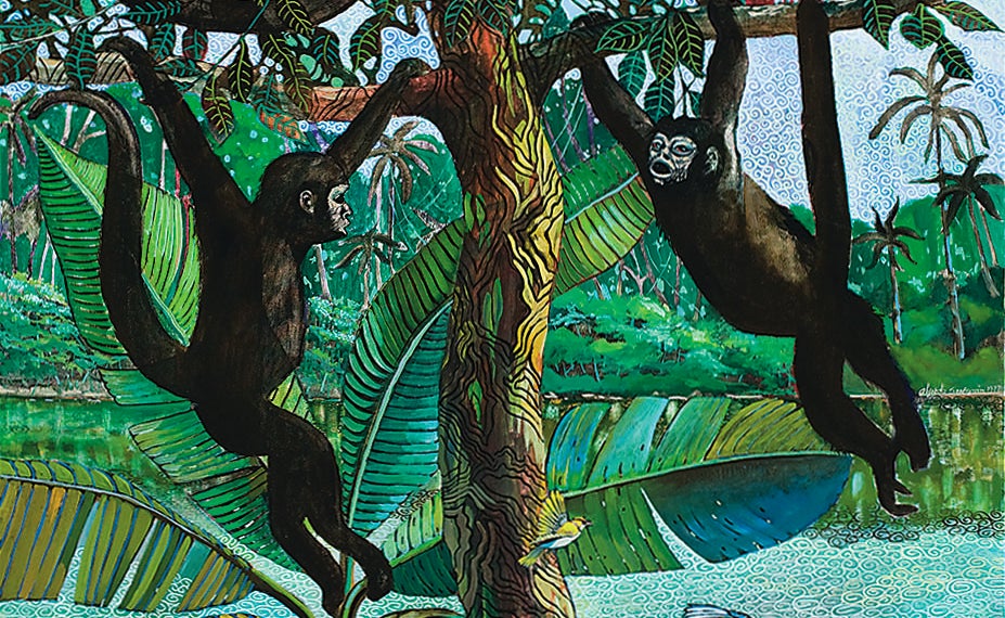 A painted jungle scene depicting a river, three monkeys, and a bird
