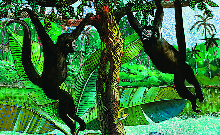 A painted jungle scene depicting a river, three monkeys, and a bird