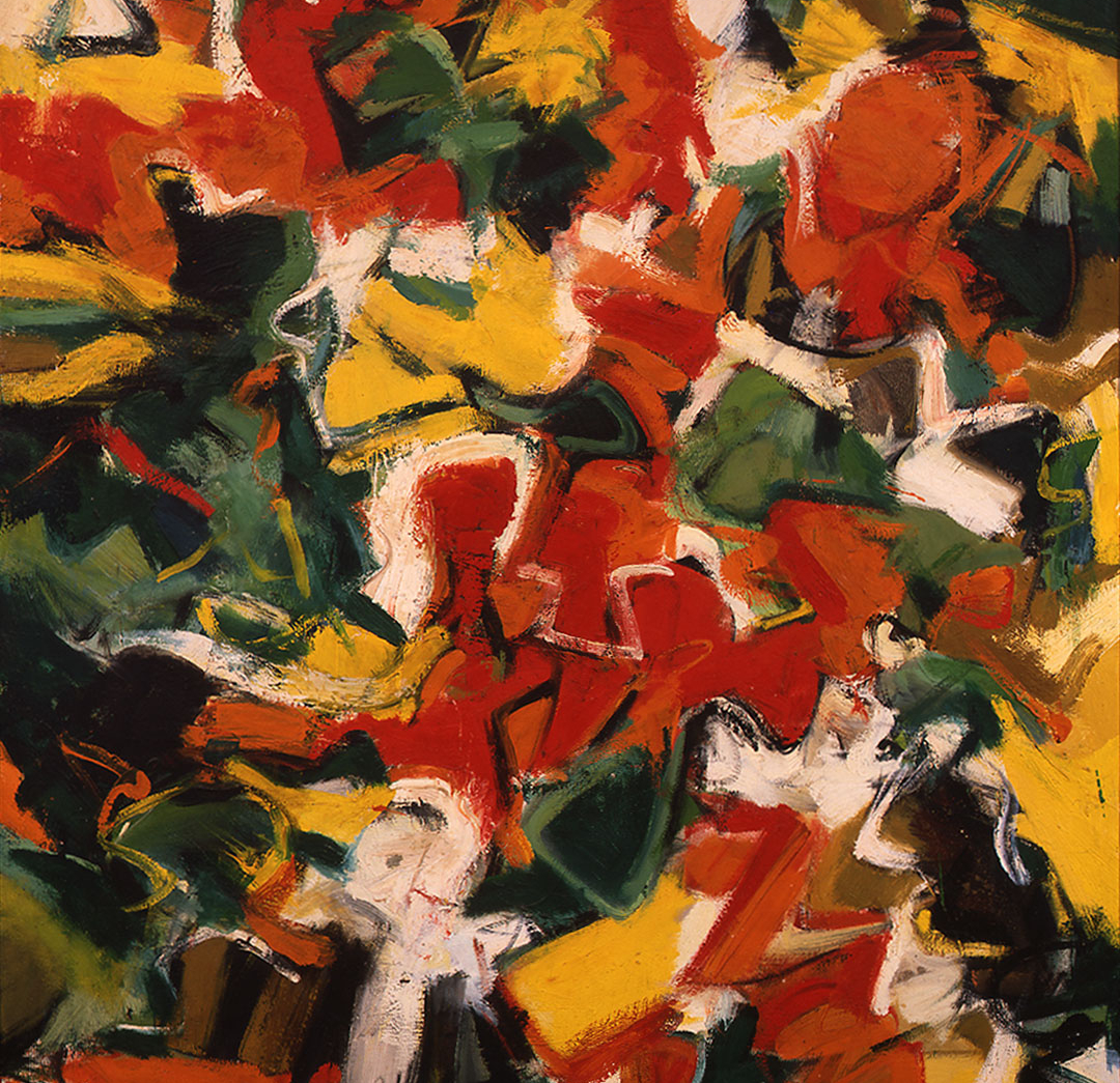 Irregular, abstracted shapes in shades of yellow, cream, red, orange, gold, black, and green mixing together and arranged irregularly and asymmetrically