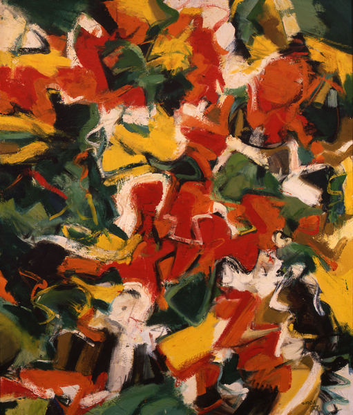 Irregular, abstracted shapes in shades of yellow, cream, red, orange, gold, black, and green mixing together and arranged irregularly and asymmetrically