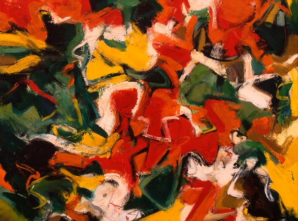 Irregular, abstracted shapes in shades of yellow, cream, red, orange, gold, black, and green mixing together and arranged irregularly and asymmetrically