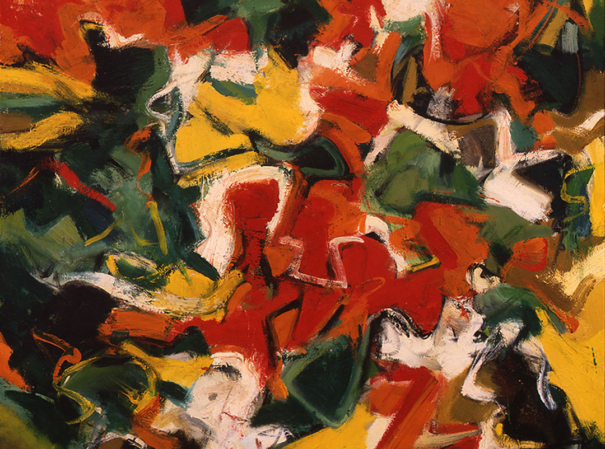 Irregular, abstracted shapes in shades of yellow, cream, red, orange, gold, black, and green mixing together and arranged irregularly and asymmetrically