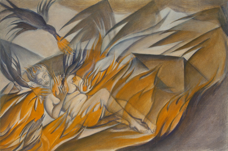 Nude figure lying in flames and circled by three dark bird-like figures breathing flame