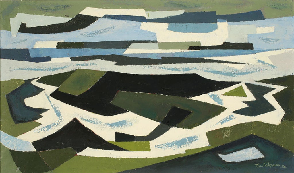 Abstract seascape/beach scene in geometric patterns of green, blue, white and black.