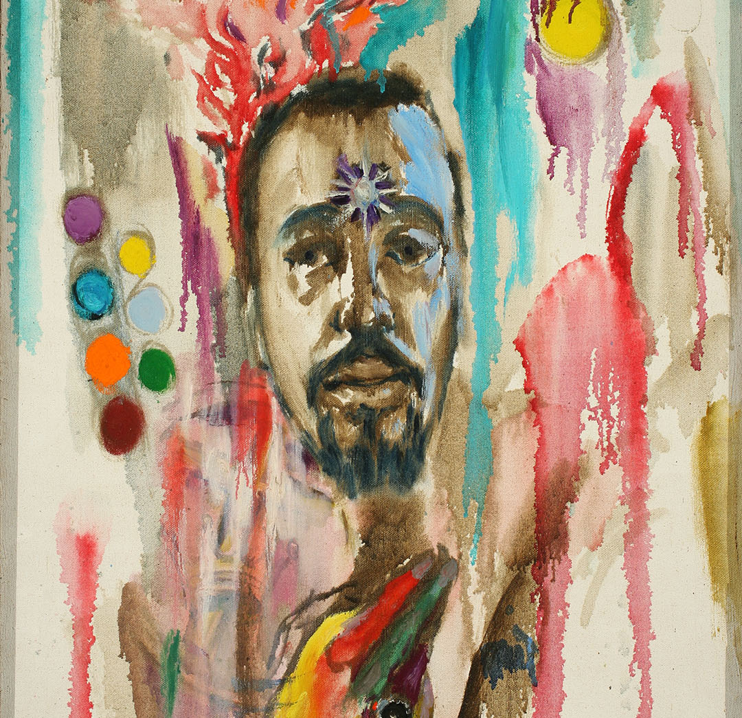 Medium-dark skinned face framed by multicolor streaks of paint, shapes, and abstract figures