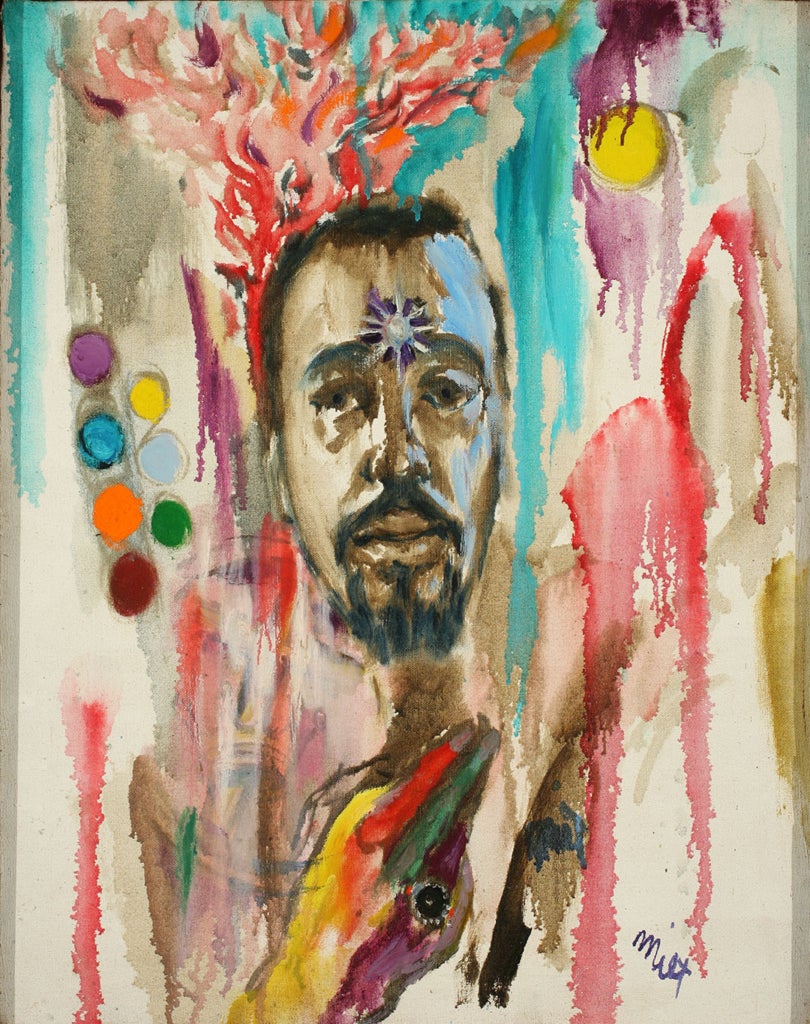 Medium-dark skinned face framed by multicolor streaks of paint, shapes, and abstract figures